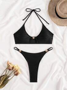 SHEIN Bộ bikini gợi cảm buộc dây màu trơn đi biển mùa hè cho nữ, có trang trí sao biển bằng kim loại - màu đen - Xem 1