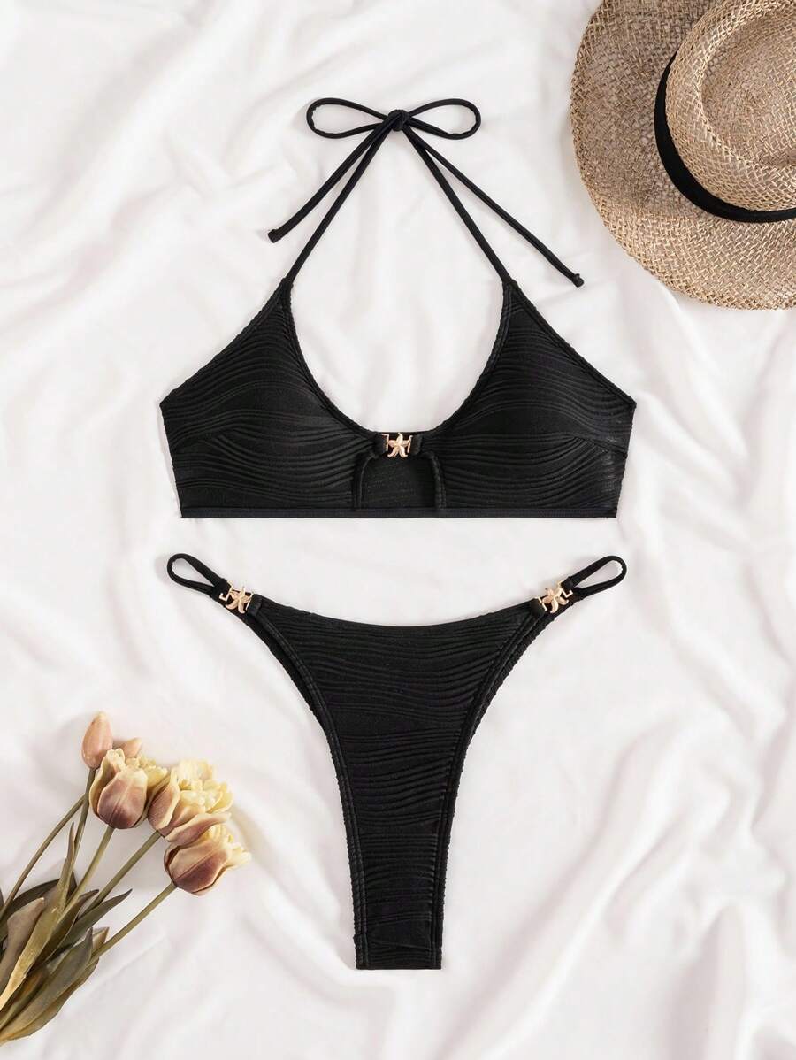 SHEIN Bộ bikini gợi cảm buộc dây màu trơn đi biển mùa hè cho nữ, có trang trí sao biển bằng kim loại - màu đen - Xem 1
