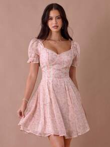 Enchnt Váy công chúa mini dễ thương in hoa màu hồng san hô pastel lãng mạn dành cho nữ, cổ tròn tay bồng, ren trang trí dễ thương - Nhiều màu - Xem 1