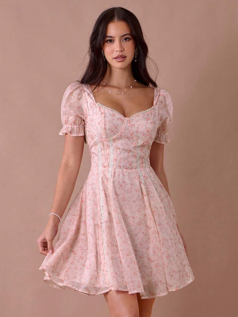 Enchnt Váy công chúa mini dễ thương in hoa màu hồng san hô pastel lãng mạn dành cho nữ, cổ tròn tay bồng, ren trang trí dễ thương - Nhiều màu - Xem 1