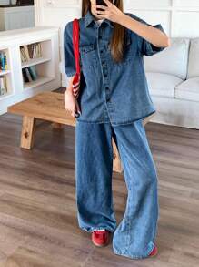 SHEIN Teen Girls Old Money Style Casual Short Sleeve Oversize Soft Denim Shirt And Baggy Wide Leg Jeans Set,Country Concert Outfit Two Pieces,Fall Autumn Clothes,Work/Office Business Casual Outfits,Girls Fall Back To School Outfits - Medium Wash - View 4