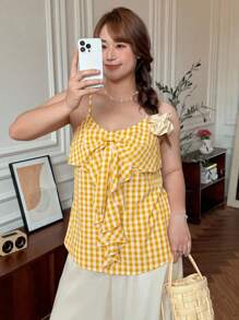 SHEIN LUNE Plus Size Women Yellow & White Plaid Ruffle Strap Back Cami Top Fall Country Concert Vintage Teacher Butter Yellow Top, 90s Back To School Homecoming Cute Streetwear Going Out