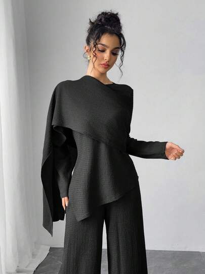 Al Najma Modest Casual Blouse And Pants Set For Women 2 Pieces Set Asymmetrical Top Two Piece Set Comfortable Two Piece Set