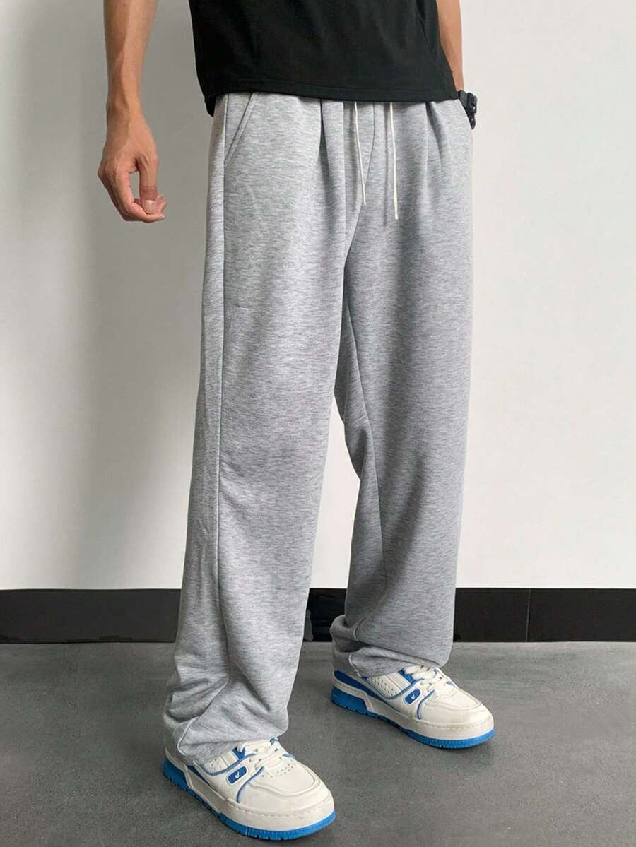 SHEIN Casual Solid Color Drawstring Knit Pants For Teenage Boys, Comfortable, Versatile, Suitable For Commuting, School, Everyday Wear, Sports, Party, Autumn/Winter Seasons Grey Sweatpants Wide Leg Sweatpants Baggy Sweatpants Comfy Pants Fall - Light Grey - View 1