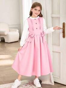 2 chiếc/bộ áo cánh dài tay cổ tròn cho bé gái tuổi mới lớn & váy vest dệt trang trí nơ, trang phục thường ngày, xuân/hè - Hồng - Xem 1