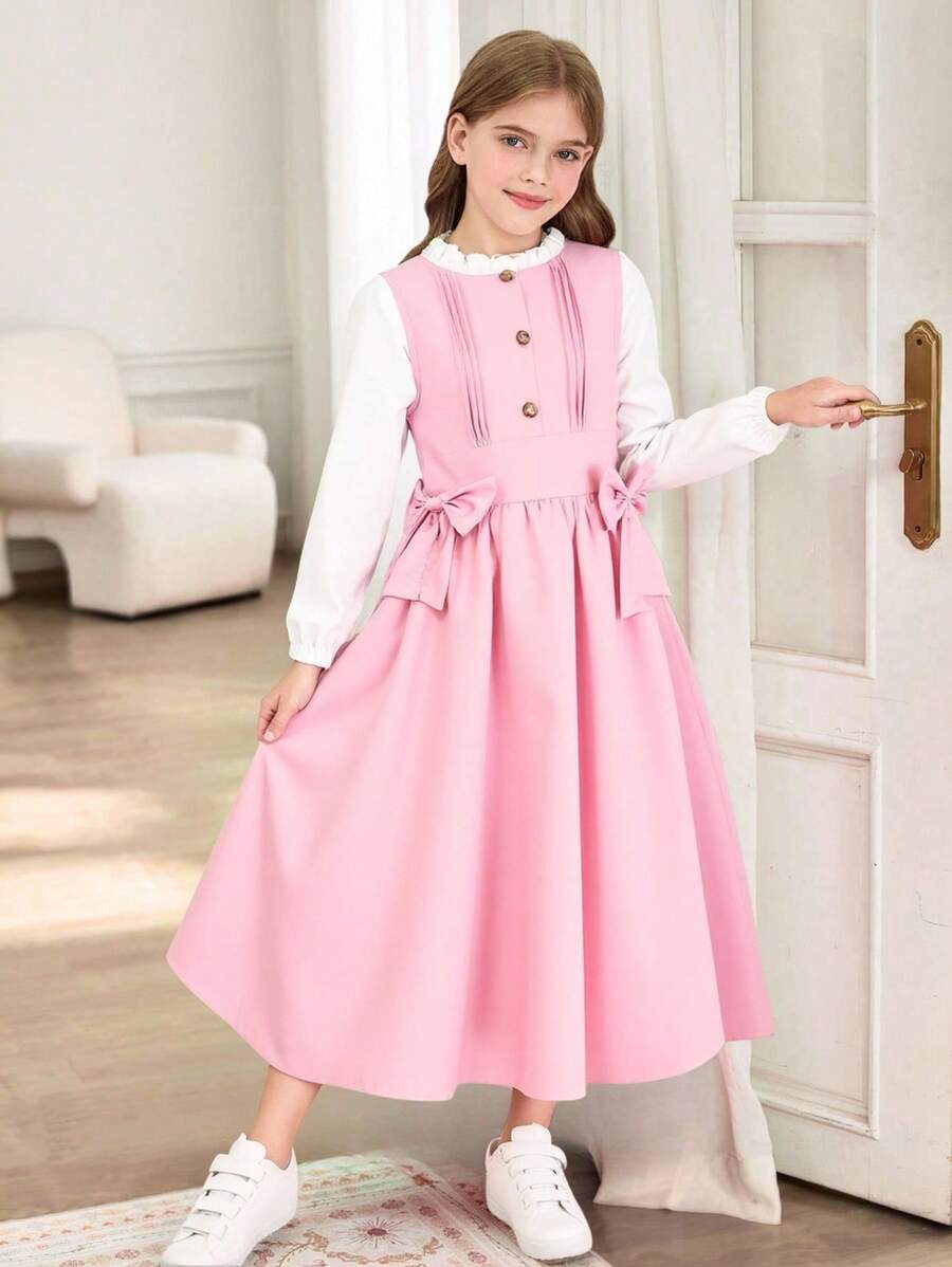 2 chiếc/bộ áo cánh dài tay cổ tròn cho bé gái tuổi mới lớn & váy vest dệt trang trí nơ, trang phục thường ngày, xuân/hè - Hồng - Xem 1