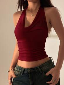 SHEIN PETITE Top aderente corto, da donna, con scollo a drappo, arricciato, allacciato al collo, senza schienale, abbigliamento da strada, estivo
