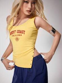 Y2Kool NEARLY THERE 女士黄色朋克街头风二合一休闲简约印花上衣，适合夏季锐舞派对、音乐节、返校季和俱乐部穿着，棉混纺面料。 - 黃色 - 查看 2