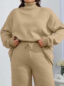 EURMUSE 2pcs High Neck Drop Shoulder Sweater And Ribbed Solid Color Sweater Pants - Camel - View 4