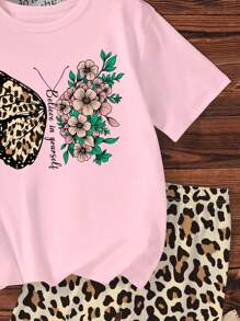SHEIN GraphicGems Conjunto de 2 peças de camiseta casual e shorts estampados de leopardo para meninas adolescentes, blusa rosa com estampa de borboleta e shorts justos
