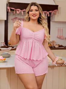 SHEIN Pijama de 2 piezas con cuello de Peter Pan talla grande - Rosa - Ver 1