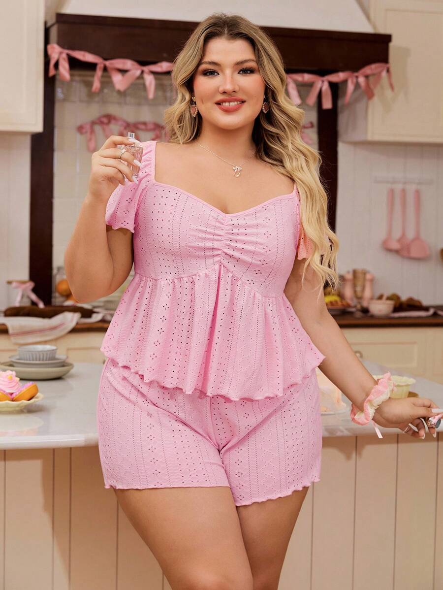 SHEIN Pijama de 2 piezas con cuello de Peter Pan talla grande - Rosa - Ver 1