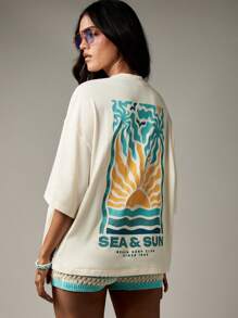MISSGUIDED Câu lạc bộ lướt sóng bãi biển Áo phông quá khổ Sea Sun Đồ họa mùa hè cổ điển Cây cọ nhiệt đới Sóng Phong cách cổ điển Khu nghỉ dưỡng Kỳ nghỉ hoàng hôn Thiết kế California Vibes Thoải mái giản dị - Màu be - Xem 5