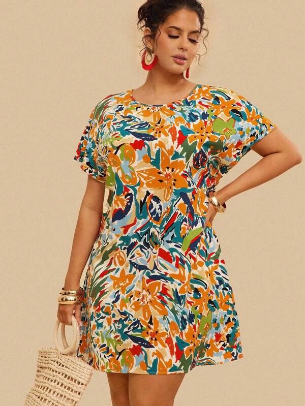Travachic Plus Floral Print Batwing Sleeve Tunic Summer Boho Dress,Beach Dress Sundress,Holiday Outfits