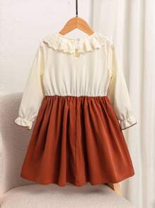 SHEIN 年轻女孩撞色荷叶边优雅长袖连衣裙 - 彩色 - 查看 2