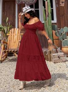 SHEIN EZwear 女士度假纯色前系带褶皱休闲连衣裙 - 酒紅色 - 查看 5