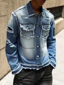 PAVTROS Áo khoác denim rách màu xanh nhạt rách rưới dáng ôm vừa vặn dành cho nam, phong cách đường phố thường ngày, áo khoác grunge, áo khoác denim rách dành cho nam, phong cách Emo - Rửa trung bình - Xem 3