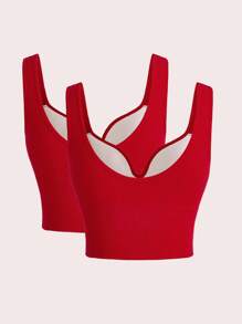 SHEIN Velisys Minimalist Solid Color Comfortable Padded Sports Bra Red Crop Top Red Bra Top Tops With Built In Bra Red Top Red Ribbed Crop Top - Multicolor - View 2