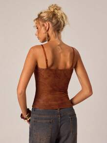 SHEIN Forever 21 橙色印花图案背心万圣节秋季女士外出上衣女士上衣西部装女士乡村音乐会 Y2k 上衣可爱上衣俱乐部紧身胸衣上衣音乐会朋克辣妹街头服饰俱乐部 - 棕色 - 查看 2