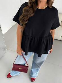 SHEIN Essnce 大码女装春夏时尚休闲宽松舒适日常清凉透气短袖黑色衬衫、外出上衣、曲线可爱上衣、工作上衣、女式衬衫 - 黑色 - 查看 5