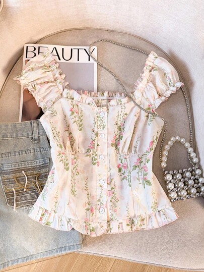 SHEIN LUNE Blusa de flores con cuello con volantes y botones para mujer, ideal para vacaciones