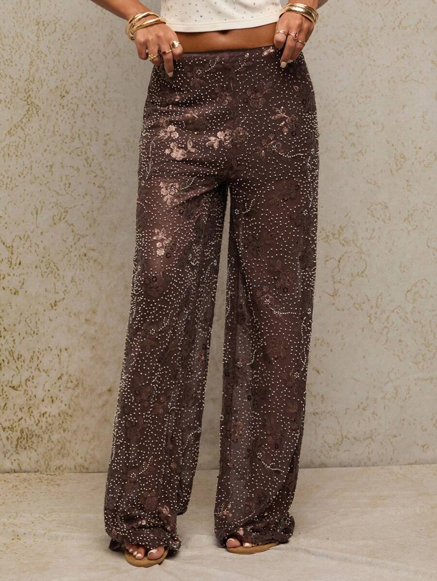 SHEIN BAE 女士花卉亮片装饰宽腿宽松优雅裤 - 棕色 - 查看 1