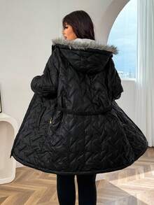 SHEIN EZwear 女士加大码长袖拉链前拼接毛茸茸连帽休闲冬季夹克 - 黑色 - 查看 4