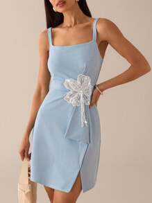 Lilora Women's Elegant 3D Flower Decor Slip Dress, Summer Powder Blue Dress Blue Wedding Guest Dress Floral Applique Dress Urban Style Urban Leisure, Romantic And Elegant, Going Out - Blue - View 8