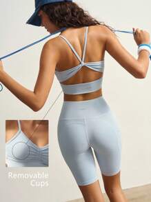 VARSIVA 女士两件套纯色褶皱吊带背心和短裤运动健身套装 - 藍色 - 查看 1