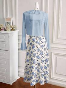 Modelyn 女士优雅纯色喇叭袖上衣，荷叶边饰边，前下摆系带，花朵印花长款吊带连衣裙 2 件套，适合春夏季 2 件套 - 藍色 - 查看 2