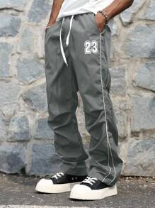 Manfinity Hypemode 男士数字印花抽绳腰褶宽松休闲裤 Y2k 街头潮流裤 灰色，秋季 - 灰色 - 查看 4