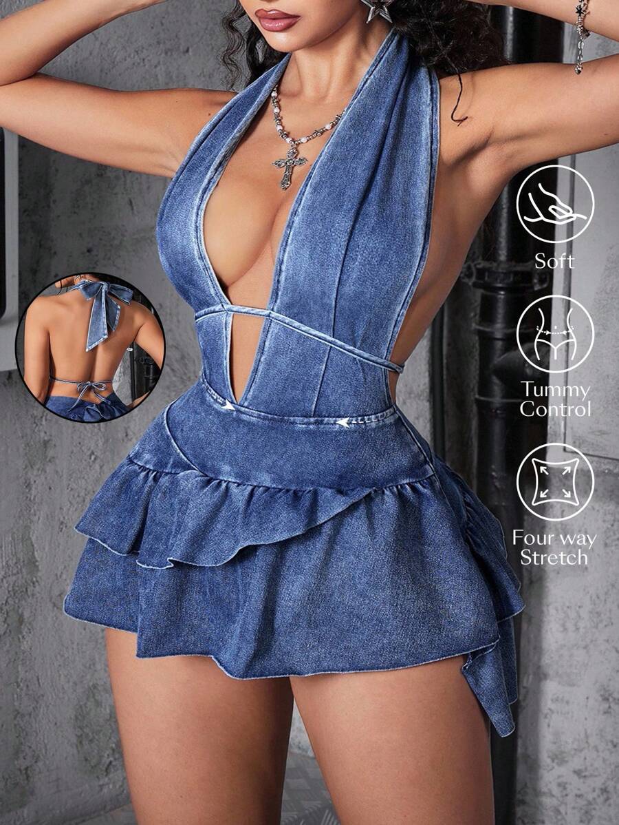 SHEIN SXY Plus Size Casual Summer Washed Deep V Neck Ruffle Hem Denim Dress,Back To School - Blue - View 1