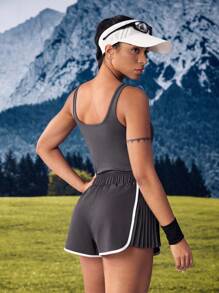 SHEIN Sports 女式休闲户外无袖连体裤，带标语印花和褶皱设计 - 灰色 - 查看 8