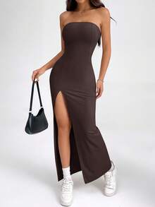 SHEIN PETITE Women Solid Color Strapless Split Thigh Bodycon Dress Brown Strapless Dress High Slit Maxi Dress - Brown - View 7