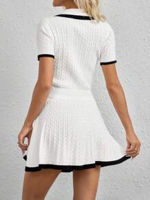 Women's Fashion Casual Cable Knit Contrast Trim Button Up Top & Skirt 2 Pieces Set