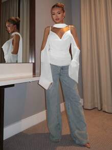 Glamine 2025 Elegante blusa de gasa sin mangas de unicolor con tirantes, ropa de otoño para mujeres, de vuelta a la escuela - Blanco - Ver 7