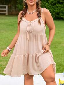 Swim Mod 大码女式单肩带多层拼接性感休闲度假沙滩裙 - 杏色 - 查看 4