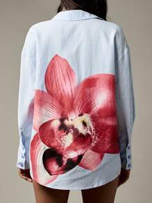 MISSGUIDED 条纹纽扣衬衫，背面带花卉印花，商务休闲办公室装，长袖，春夏专业工作服 - 藍色 - 查看 3