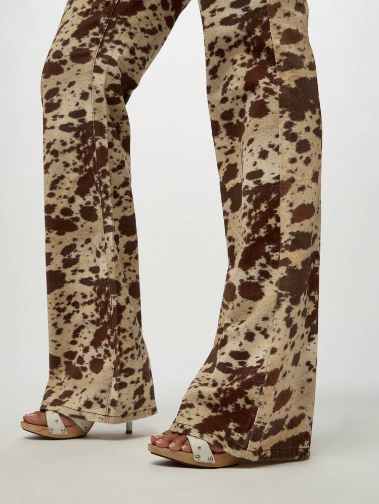 SUMWON WOMEN Cow Print Flare Jeans With Lace Up Front Detail