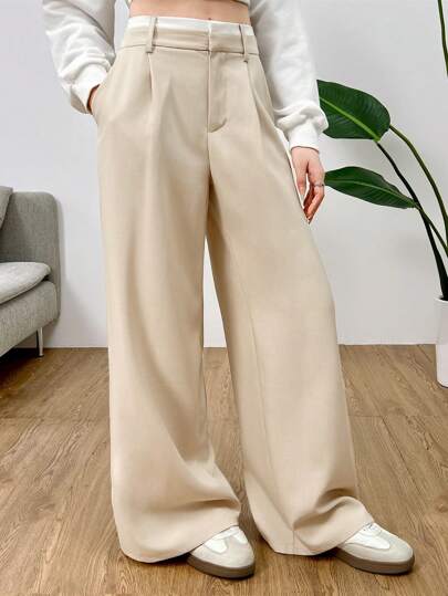 SHEIN 青少年女孩卡其色纯色简约休闲日常长裤