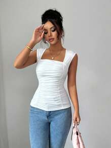 Chiquease 女式纯色领口短款紧身无袖背心 - 白色 - 查看 5