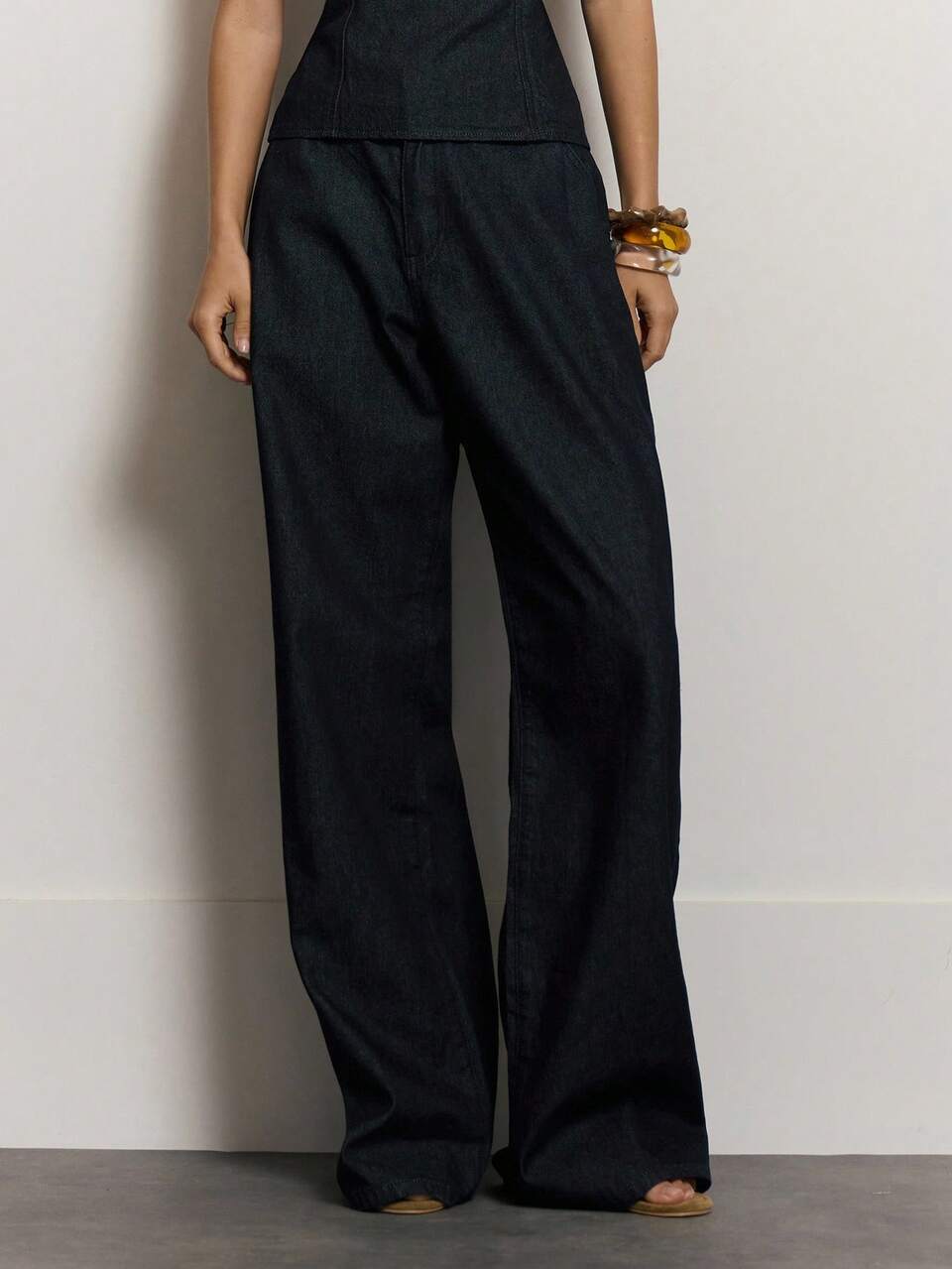 Women Dark Wash High Rise Wide Leg Loose Fit Denim Jeans,Navy Blue Autumn Chic Everyday Casual Elegant Office Wear Summer Holiday Vacation Spring