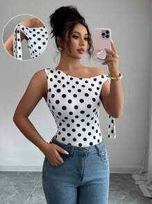 SHEIN LUNE 时尚不对称领口系带无袖波尔卡圆点印花修身 T 恤，时尚优雅设计，夏季 - 彩色 - 查看 1