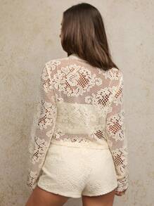 SHEIN BAE 女士秋季杏色优雅纯色镂空花卉蕾丝透视短款 T 恤/狂欢/斯德哥尔摩风格/女士办公室/钩针上衣/秋季女士/返校/乡村音乐会/音乐会上衣/休闲上衣 - 白色 - 查看 2