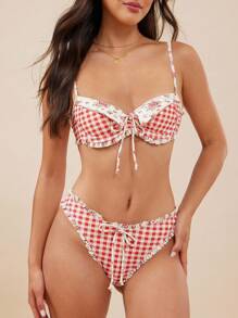 WESTFADE Mixed Floral & Gingham Print Mid Rise Bow Front Moderate Cheeky Coverage Ruffle Bikini Bottoms Summer Beach Vacation - Multicolor - View 1
