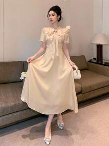 DAZY 1 chiếc váy dài vừa phải màu trơn có nơ và viền bèo nhún dành cho nữ, phong cách thanh lịch cho đầm dạ hội mùa hè - Màu be - Xem 4