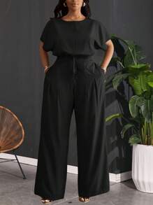 Slaydiva 2pcs Plus Size Women Set,Black,Autumn,Smart Casual,Everyday Loose Drop Shoulder Crop Top,Drawstring Hem,Wide Leg Pants With Pockets,Business Casual - Black - View 4
