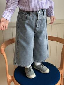 Hapijoa 女宝宝水洗蝴蝶刺绣韩版宽松直筒牛仔裤，幼儿秋装 - 藍色 - 查看 5