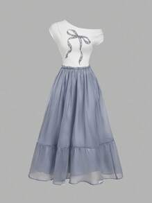 SHEIN MOD Elegant Asymmetrical Neck Bow Print Sequin Mesh Maxi Dress - Multicolor - View 1