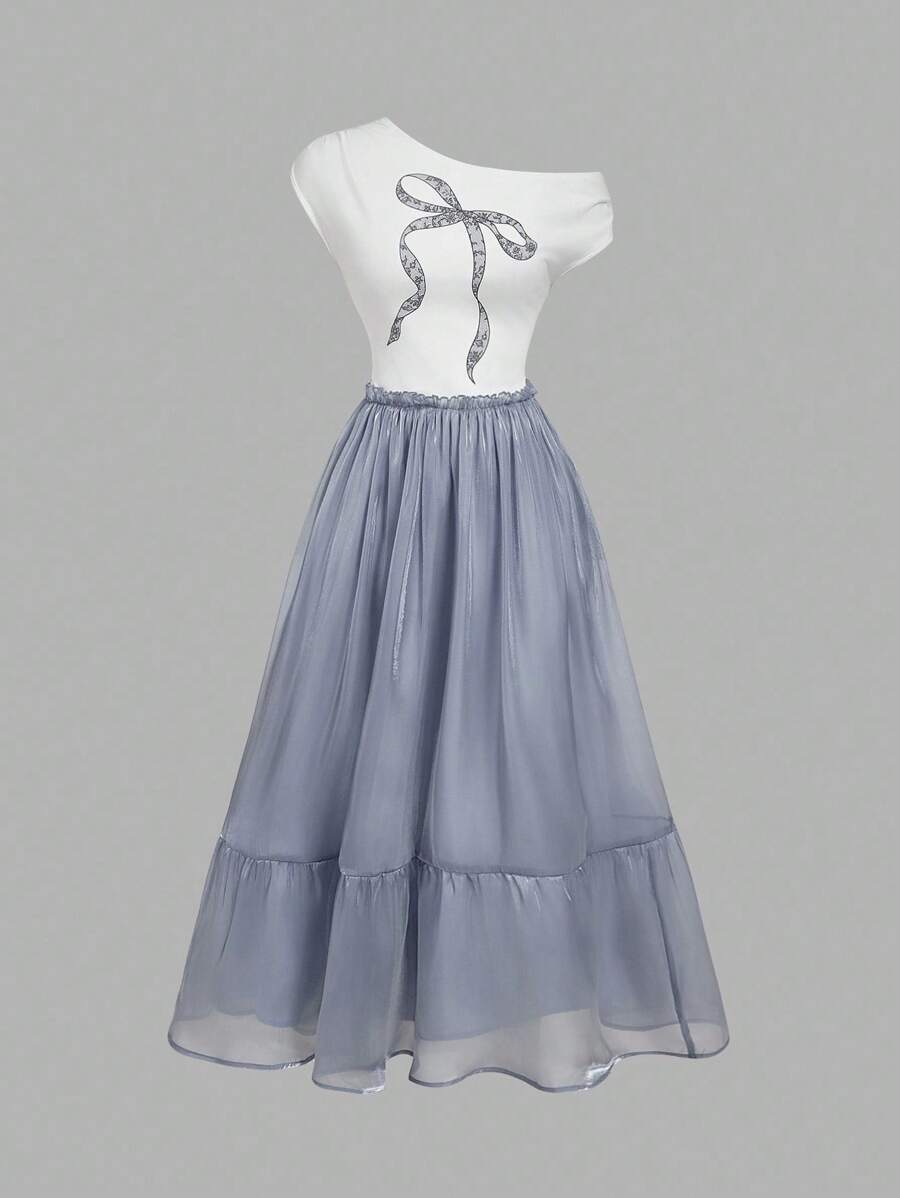 SHEIN MOD Elegant Asymmetrical Neck Bow Print Sequin Mesh Maxi Dress - Multicolor - View 1